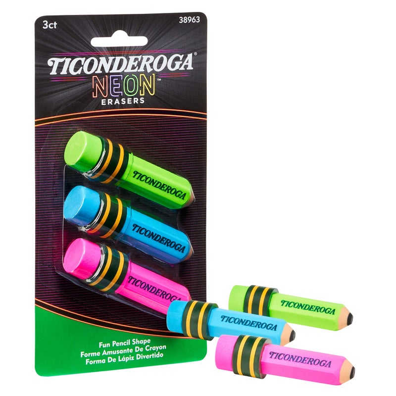 Ticonderoga Pencil Shaped Erasers, Neon Colors, 3 Count - Image 2